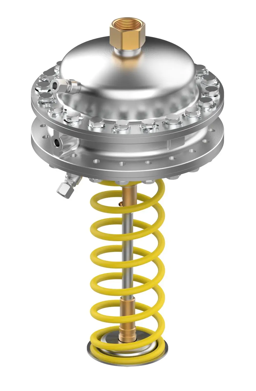 Danfoss Antrieb mit einer metallischen Oberfläche und einer gelben Spiralfeder, typisches Design für Druckregler. Gewindeanschluss oben, Ventilöffnung an der Seite.